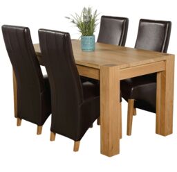 Kuba 150 x 85 cm Chunky Medium Oak Dining Table and 4 Lola Leather Chairs Brown Brown