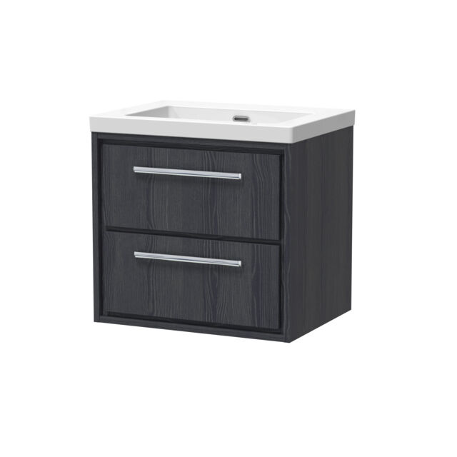 Balterley Longnor 2 Drawer Wall Hung Vanity Unit with 1 Tap Hole Modern Fireclay Basin, Woodgrain Graphite Grey, 600mm