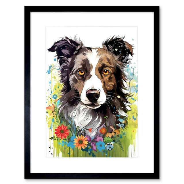 "Border Collie Dog Bright Watercolour 9x7"" Black Framed Wall Art Print"