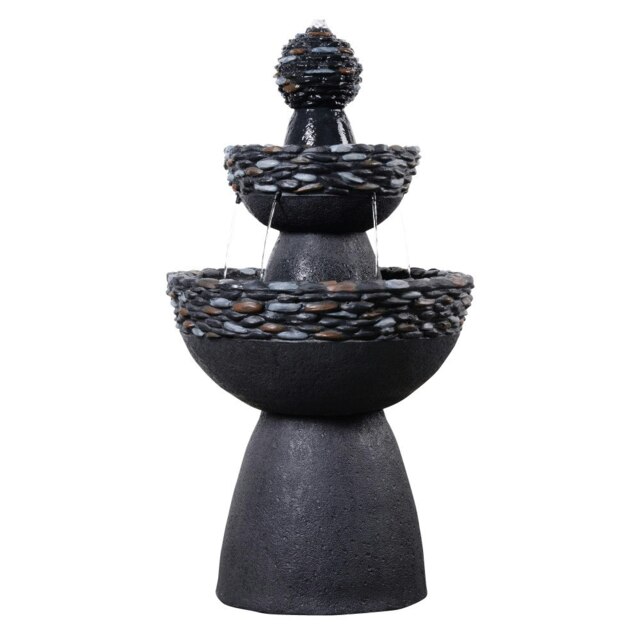 Teamson Home Garden Outdoor Water Feature, 3-Tier Pedestal Water Fountain, Dark Grey Stone Finish