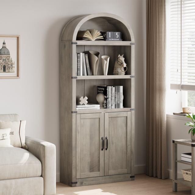 London Boutique 5 Tier Arched Bookcase Solid Wood Bookshelf Freestanding Storage Cabinet (W)75cm x (D)30cm x (H)182cm, 2-Doors, Grey