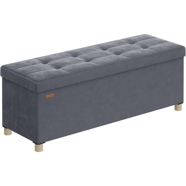Velvet Storage Bench, Folding Ottoman with Lid, Long Footrest for Bedroom or Living Room Use, Slate Grey