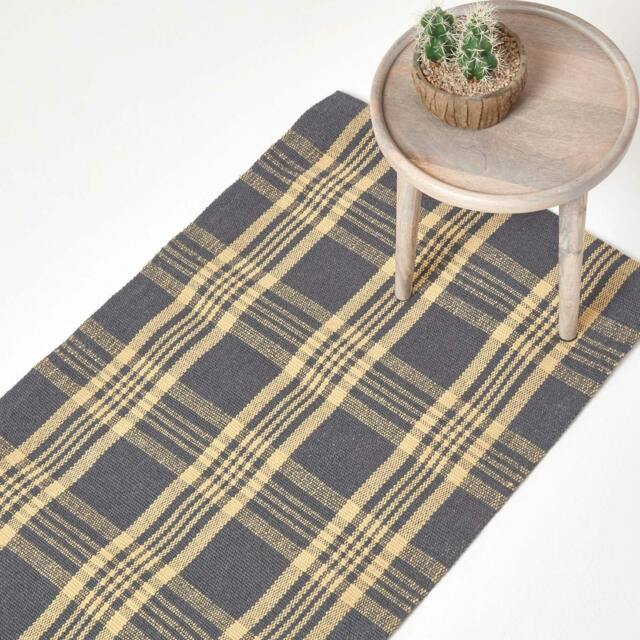 Homescapes Douglas Grey and Yellow Tartan Check Non-Slip Wool Hall Runner - 66 x 200 cm Grey Grey & Yellow