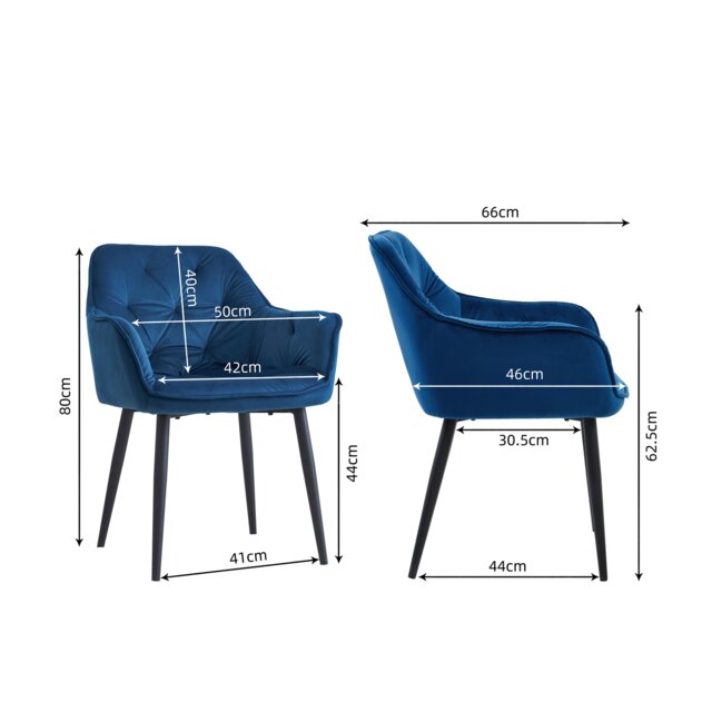 Groundlevel Set of 2 Soft Velvet Upholstered Dining Chairs Metal Legs Kitchen Home Office Blue Navy