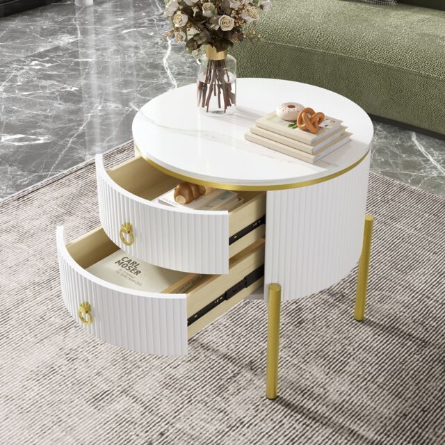 VILUXE 50cm Round Side Table with 2 Drawers, Marble-Effect Finish, Gold-Tone Adjustable Legs and Handles, White