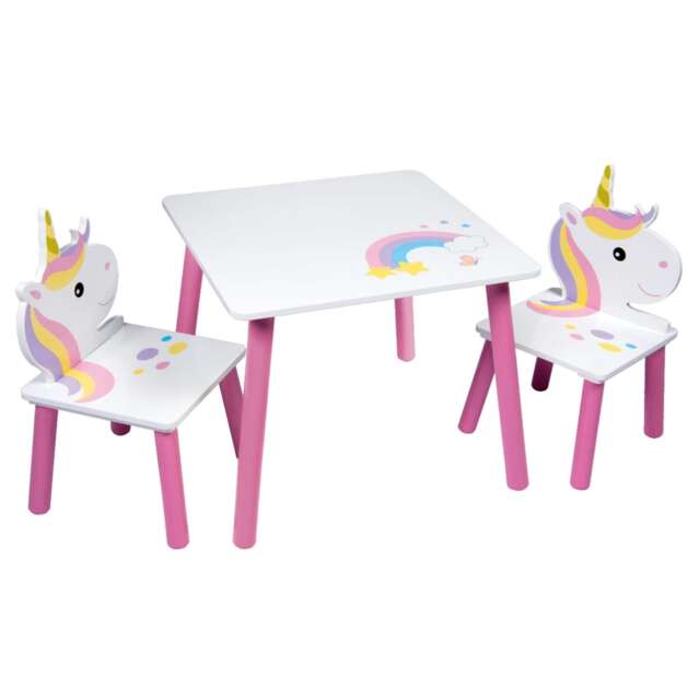 Kids Wooden Table And 2 Chairs Themed Set White Unicorn 3