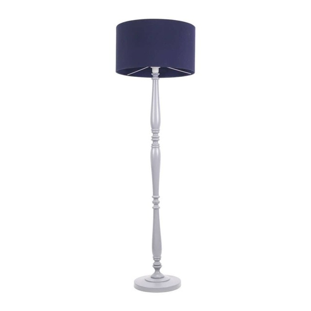 ValueLights Victoria Grey Wood Floor Lamp Navy Blue Shade and Bulb