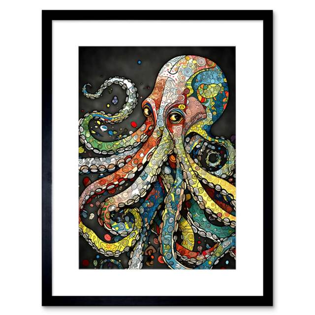 "Behind Octopus Eyes Watercolour Pastel Tentacle Doodle 9x7"" Black Framed Wall Art Print"