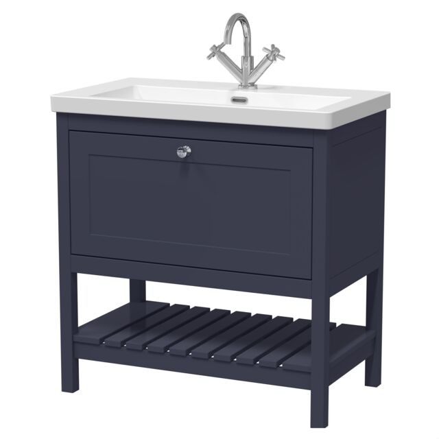Balterley Coppenhall Contemporary 1 Drawer Floor Standing Vanity Unit with Fireclay Basin, Indigo Blue, 800mm