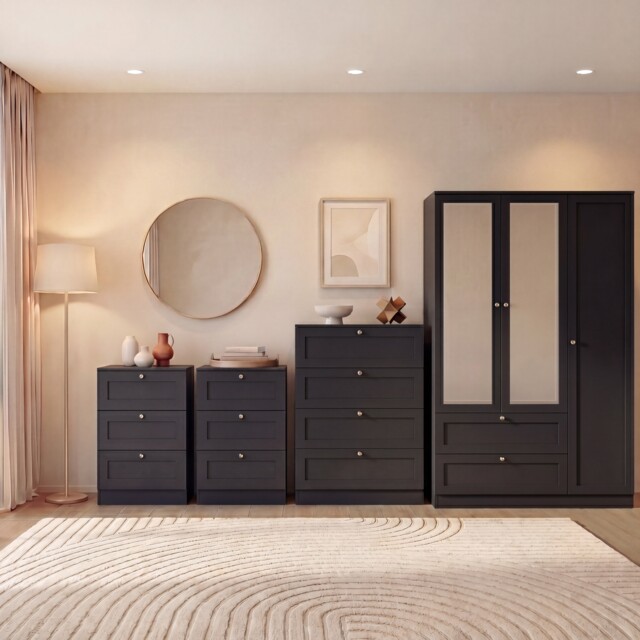 Vida Designs Altino 4 Piece Bedroom Set (2x 3 Drawer Bedside, 4 Drawer Chest, 3 Door 2 Drawer Mirrored Wardrobe), Black