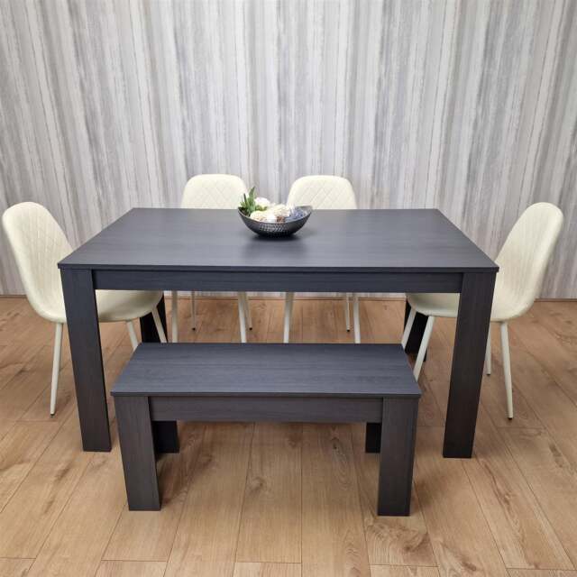 Kosy Koala Modern Dark Grey Dining Table Set with 4 Cream Gem Chairs And 1 Bench Cream One Size 6