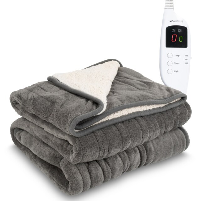 MONHOUSE Heated Throw - Electric Blanket - Digital Controller - 9H Timer, 9 Heat Settings, Auto Shutoff - Single 130X160Cm Grey Grey Shearling 1