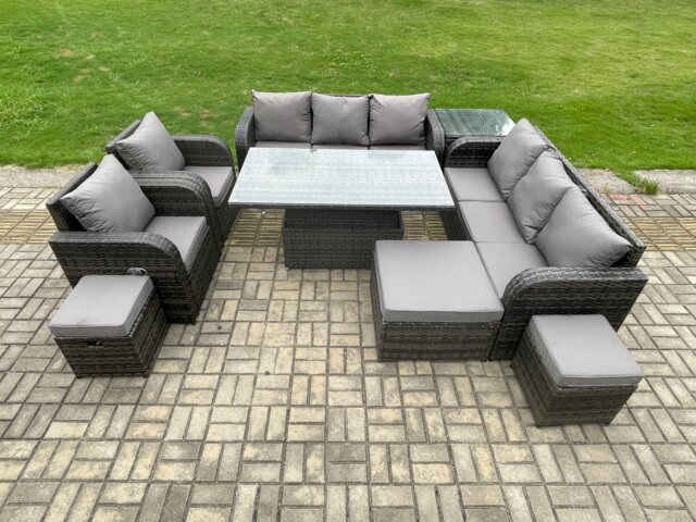 Fimous Wicker PE Rattan Outdoor Garden Furniture Sets Height Adjustable Rising lifting DiningTable Sofa Set with Reclining Chair Side Table 3 Footstools Dark Grey Mixed
