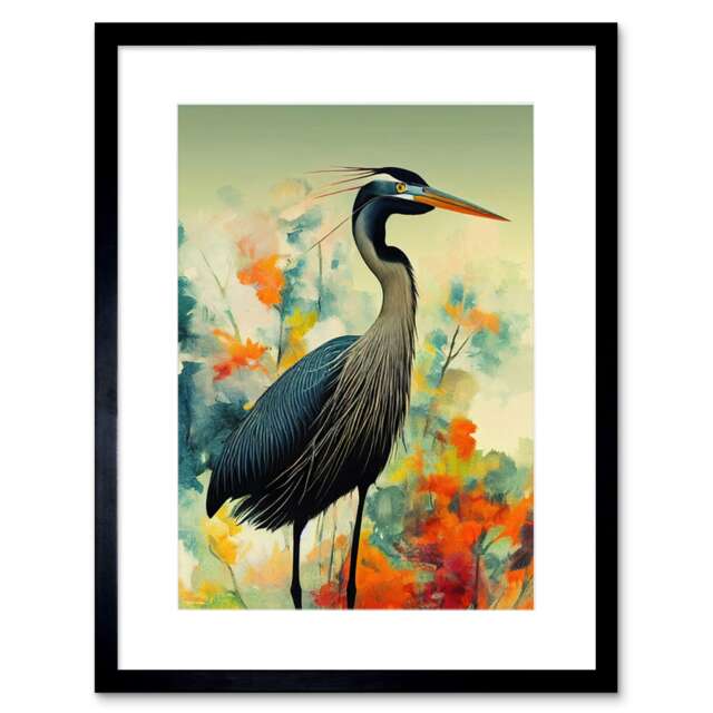 "Heron Abstract Flower Field Teal Orange 9x7"" Black Framed Wall Art Print"