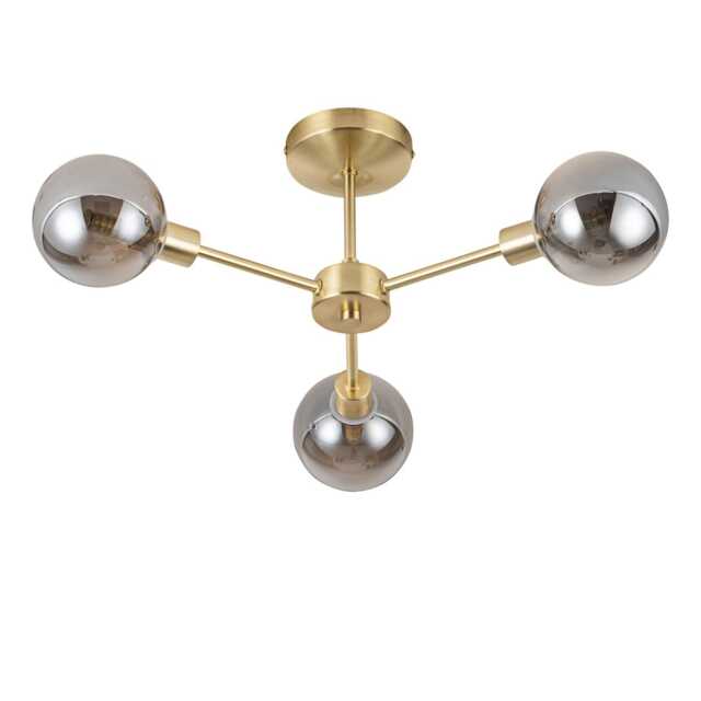 Toner - Satin Brass with Smoke Glass Globes 3 Light Flush Ceiling Light Gold Grey 1