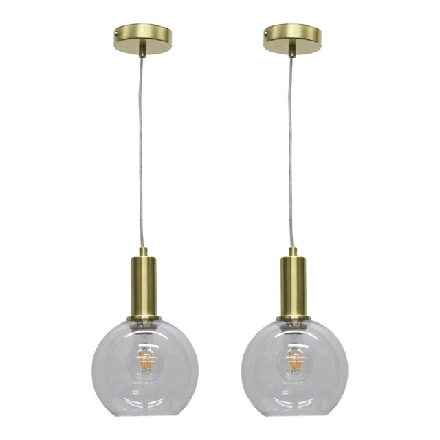 Set of 2 Barnum - Clear Glass Globe Satin Brass Deco Pendant Fittings