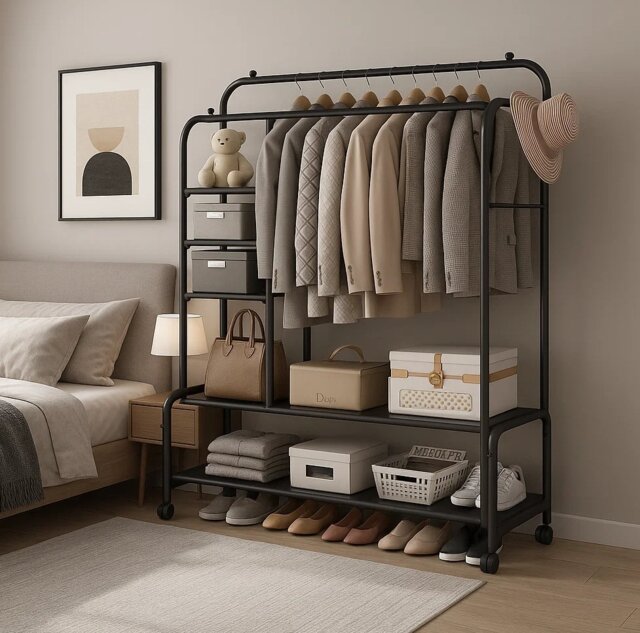 Black Heavy Duty Double Clothes Rail with Wheels – Garment Hanging Rack & Storage Shelf