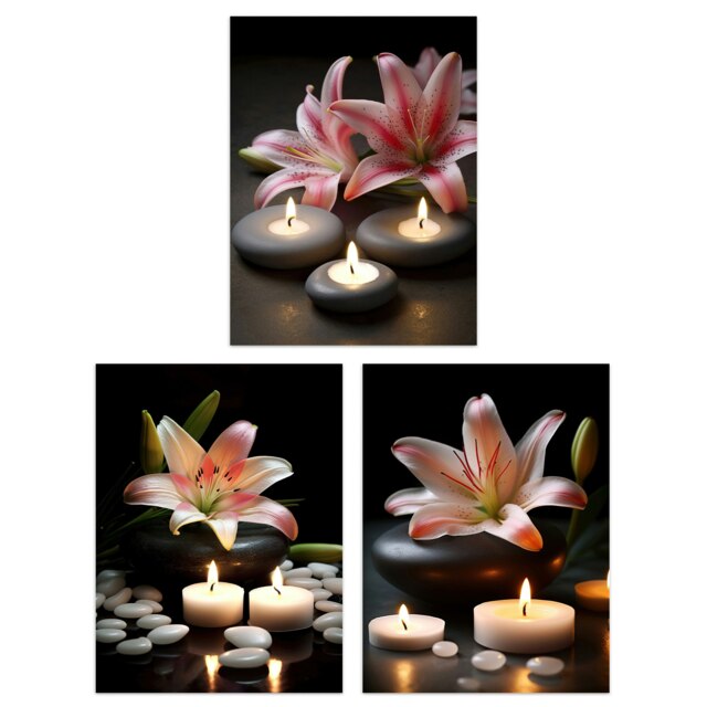 Set of 3 Lilies Zen Stones Candles Tranquil Spa Atmosphere Photographs Bathroom Home Decor Wall Art Prints 12X16 Inch