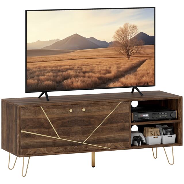 HOMCOM TV Stand Cabinet for up to 60 Inch TV, Modern 130cm TV Unit with Adjustable Shelves and Hairpin Legs, Double Door TV Cabinet for Living Room, Bedroom, Brown Brown 1