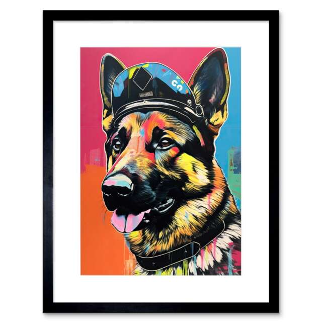 "German Shepherd Wearing Police Hat Modern Pop 9x7"" Black Framed Wall Art Print"