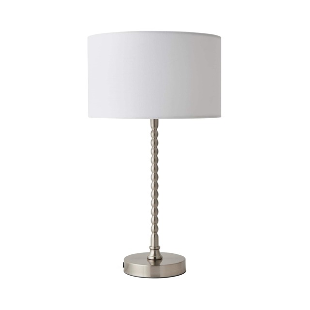 ValueLights Maeve White Shade Brushed Chrome Bobbin Bobble Table Lamp and Bulb