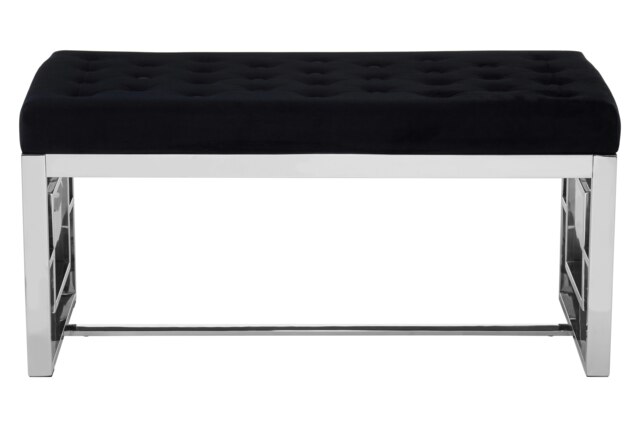 Orsina Black Velvet Tufted Bench With Silver Stainless Steel Frame, Contemporary Button Tufted Accent Bench