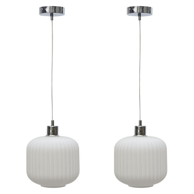 Set of 2 Bento - White Ribbed Glass with Chrome Pendant Fittings White White 2