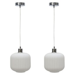 Set of 2 Bento - White Ribbed Glass with Chrome Pendant Fittings White White 2