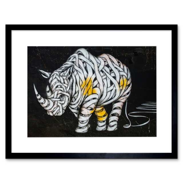 "Rhino Bandage Strip Graffiti Animal Street Art 9x7"" Black Framed Wall Art Print"