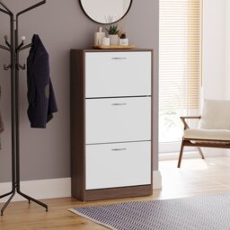 Vida Designs 3 Drawer Shoe Cabinet Shoe Rack Storage Cupboard, Walnut & White