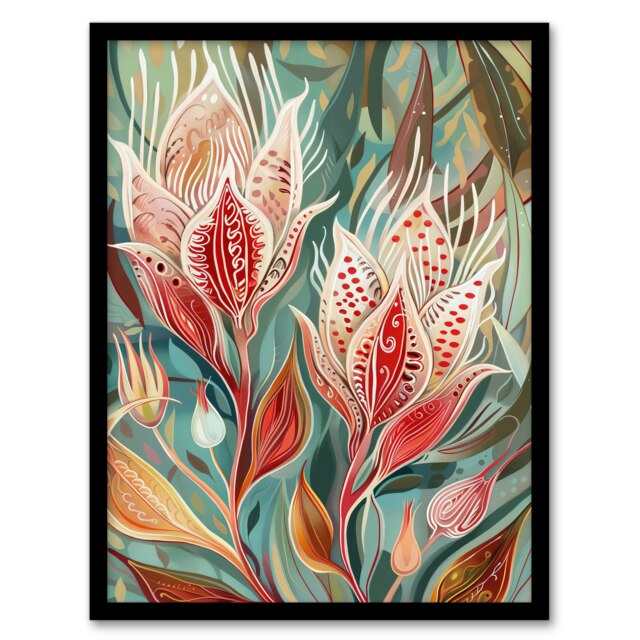 Exotic Flower Bloom Patterns Floral Folk Art Black Framed Wall Art Print A4