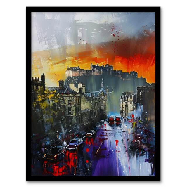 Edinburgh Castle Abstract Cityscape Living Room Black Framed Wall Art Print A4