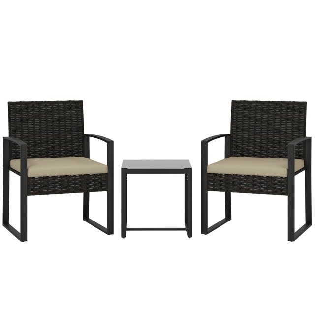 Outsunny Rattan Bistro Set, 3 PCS Garden Furniture with Cushion, Khaki Brown Khaki seat, brown rattan, black frame Chair: 55W x 58D x 76H cm Table: 40L x 40W x 40H cm