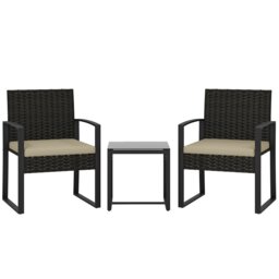 Outsunny Rattan Bistro Set, 3 PCS Garden Furniture with Cushion, Khaki Brown Khaki seat, brown rattan, black frame Chair: 55W x 58D x 76H cm Table: 40L x 40W x 40H cm