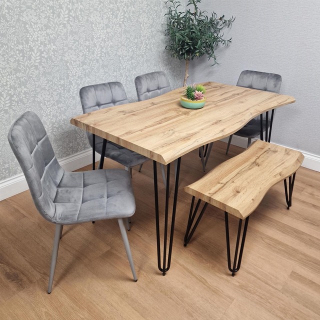 Wooden Dining Table with Bench and 4 Grey Velvet Chairs - Stylish Dining Room Furniture