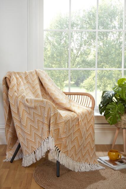 Chester Zig Zag Geometric Ochre Throw Over Blanket with Tassels 130 x 170 cm Yellow