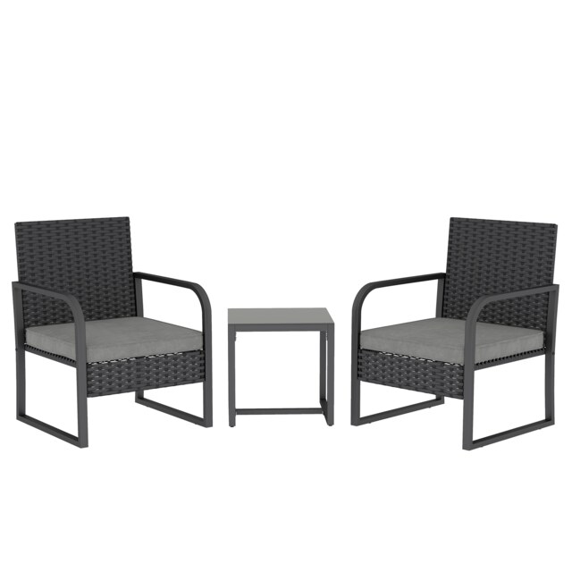 Outsunny Rattan Bistro Set, 3 Piece Garden Furniture Set Cushions, Black Black Black, Dark Grey Set includes two chairs and one table