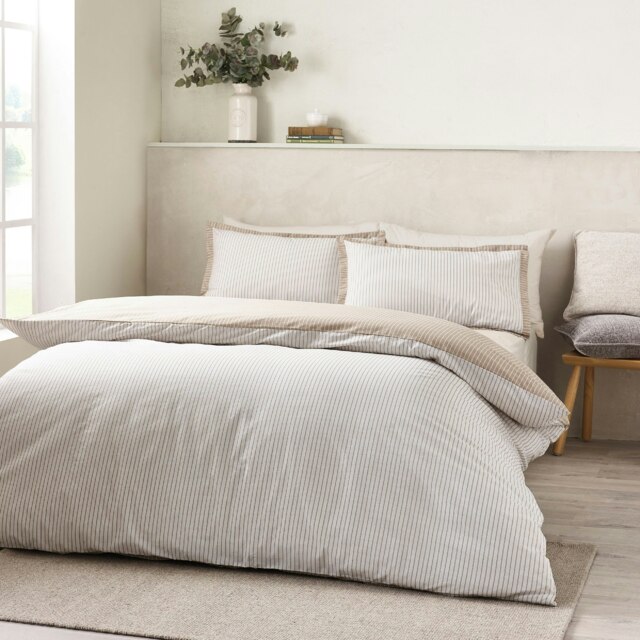 Catherine Lansfield Oxford Pinstripe Reversible Duvet Cover Set Natural Cream Natural Single