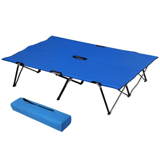 Outsunny Double Camping Bed Camping Cot Foldable Sunbed Outdoor Patio Sleeping Bed Super Light with Carry Bag Blue