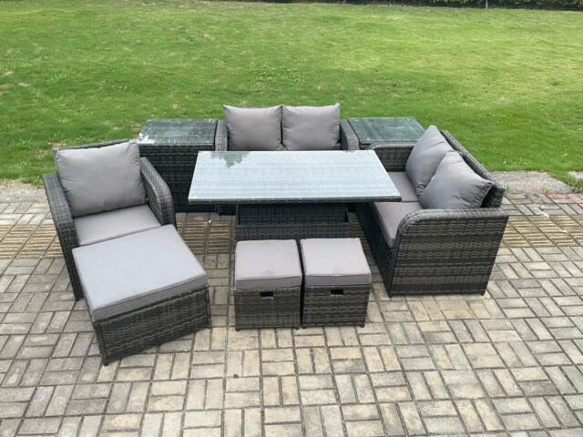 Fimous 8 Seater Rattan Furniture Garden Dining Set Outdoor Height Adjustable Rising lifting Table Love Sofa Chair With 2 Side Tables 3 Footstools