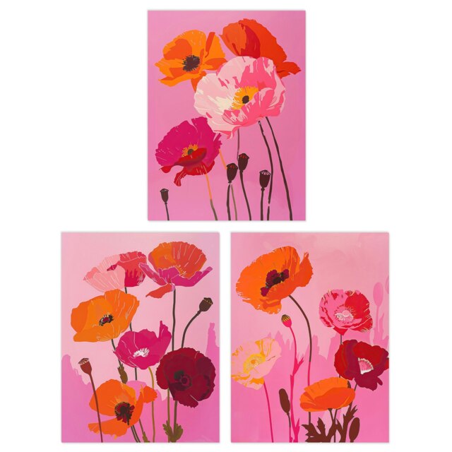 Set of 3 Prints Wildflower Poppy Flowers Pink Orange Wall Art