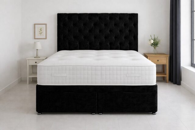 Ottoman Bed Black Crush Velvet Wooden Storage 4ft Small Double Headboard and Mattress