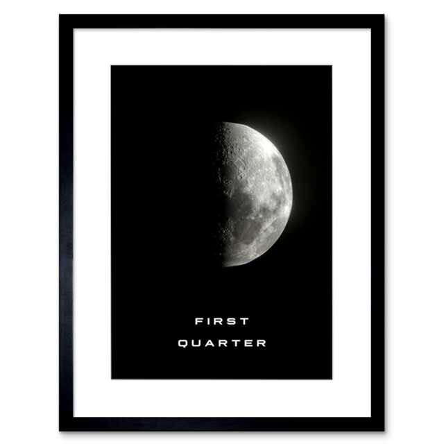 "Phases of Moon Astronomy First Quarter Lunar Space 9x7"" Black Framed Wall Art Print"