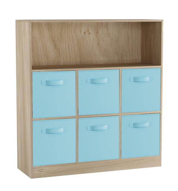 Wide 7-Cube Bookcase With Drawers Brown Oak & Sky Blue 1