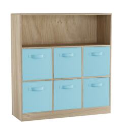 Wide 7-Cube Bookcase With Drawers Brown Oak & Sky Blue 1