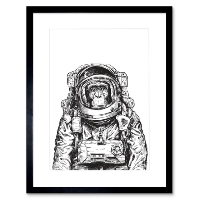 "Chimpanzee Monkey Astronaut Space Animal 9x7"" Black Framed Wall Art Print"