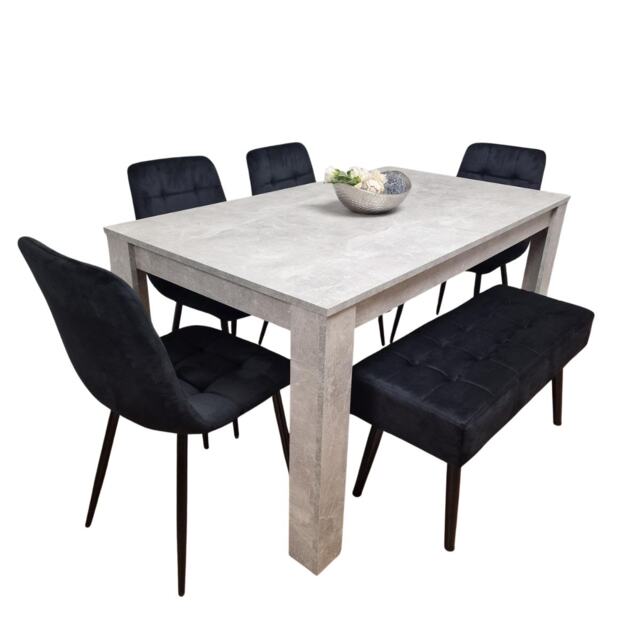 Modern Grey Dining Table with 4 Black Velvet Chairs And Black Bench Dining Set