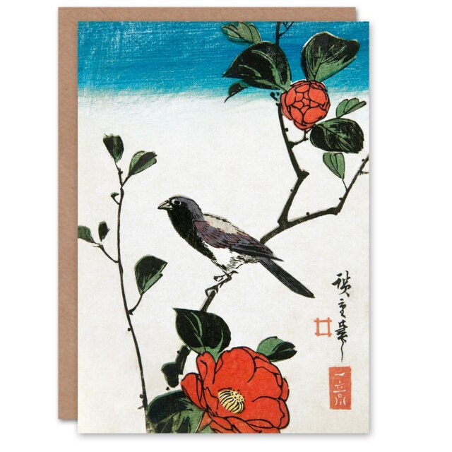 Utagawa Hiroshige Art Card Japanese Bird On Camellia Branch