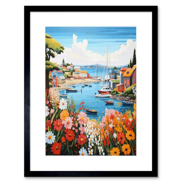 "Idyllic Scenic Seaside Fishing Village Bathroom Coastal 9x7"" Black Framed Wall Art Print"
