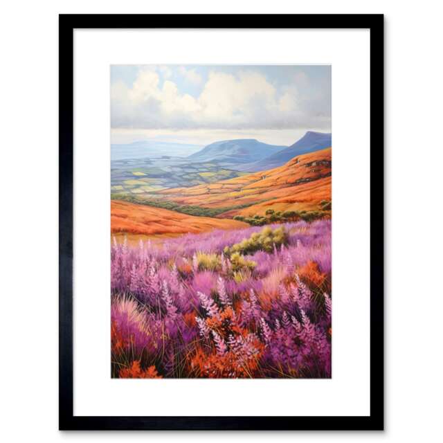 "Scottish Heather Fields Purple Orange Blue Countryside 9x7"" Black Framed Wall Art Print"